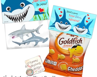 Shark Valentine Treat Bag Topper für Goldfisch Cracker, Jungen Valentine Tags, Schule Valentines für Kinder, Gastgeschenke, Snackbeutel Etiketten