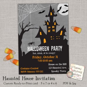 Convite de festa de Halloween da casa assombrada, aniversário de Halloween para impressão, cartão personalizado de convite de festa à fantasia, assustador, assustador, digital