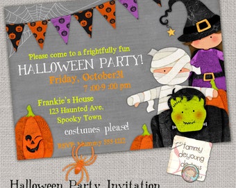 Halloween Party Invitation, Halloween Birthday Printable Custom Card chalkboard, personalized, features witch, mummy, frankenstein
