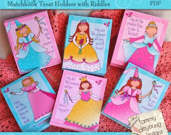 Princess Party Favors printble candy cards with riddles, matchbook style birthday treats, personalization available