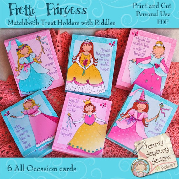 Princess Party Favors printble candy cards with riddles, matchbook style birthday treats, personalization available