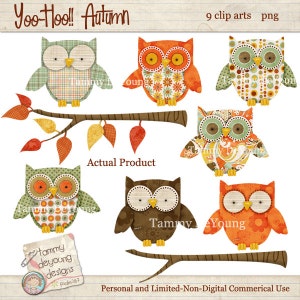 May include: Nine digital clip art images of owls with autumnal colors and patterns. The owls are in various poses and have different patterns, including floral, geometric, and polka dots. The text "Yoo-Hoo!! Autumn" is at the top of the image. The text "Actual Product" is in the middle of the image. The text "Tammy deyoung designs" is at the bottom of the image.