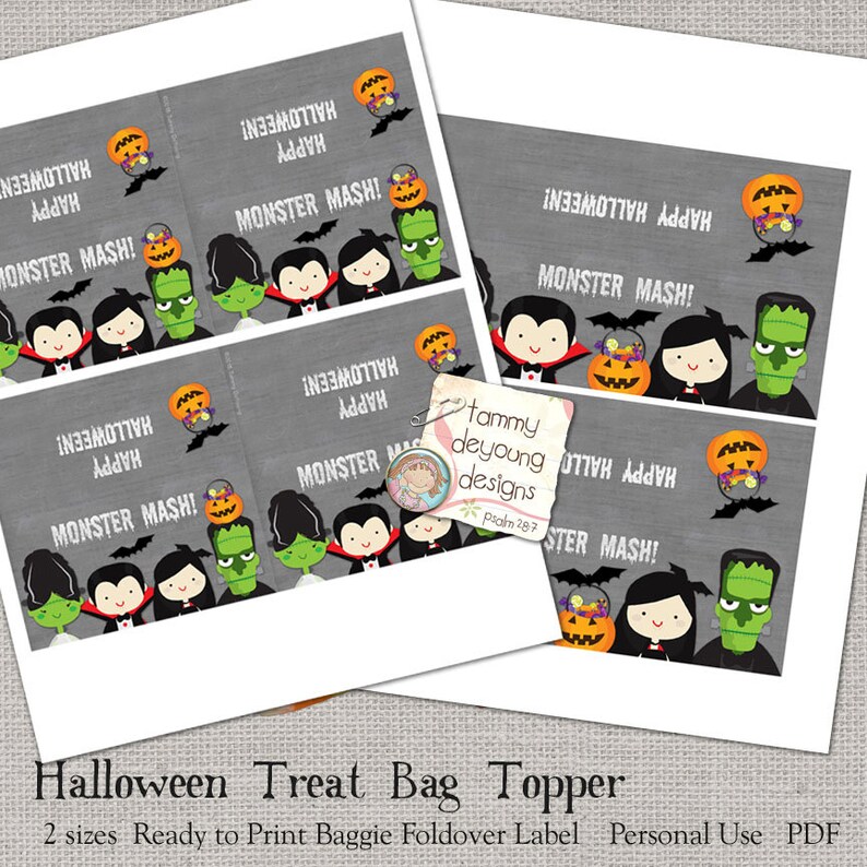 May include: Printable Halloween treat bag topper featuring a black and white chalkboard background with a line of cartoon monsters including a vampire, a witch, and Frankenstein. The text "Happy Halloween!" and "Monster Mash!" is printed in white on the topper.