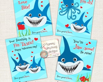 Sharks Valentines for kids, Boys Valentine Cards , Printable School Valentines, Shark Valentine tags, Ocean theme Instant Download