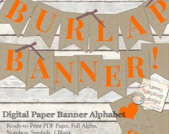 Könnte beinhalten: Druckbarer Burlap-Banner-Alphabet mit orangefarbenen Buchstaben auf braunem Burlap-Hintergrund. Der Text "Drucken Sie Ihre eigene Nachricht!" befindet sich oben im Bild. Der Text "Digitaler Papierbanner-Alphabet" befindet sich unten im Bild. Der Text "Druckfertige PDF-Seiten, vollständiges Alphabet, Zahlen, Symbole, 1 leer" befindet sich unter dem Text "Digitaler Papierbanner-Alphabet". Der Text "Persönliche Nutzung und eingeschränkter nicht-digitaler kommerzieller Gebrauch" befindet sich unter dem Text "Druckfertige PDF-Seiten, vollständiges Alphabet, Zahlen, Symbole, 1 leer".