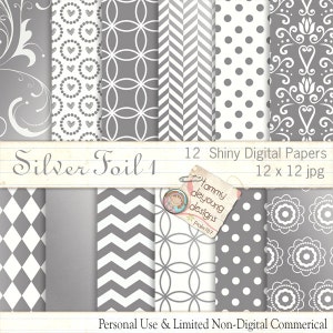 Papel folha de prata * Papel digital prateado metálico 1 * padrões elegantes de cinza e branco, chevron, alianças de casamento, corações, para cartões feitos à mão