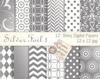 May include: Twelve digital papers in a silver foil design. The papers feature various patterns including polka dots, chevron, and floral designs. The papers are 12 inches by 12 inches.