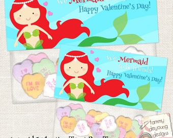 Mermaid Valentines Treat Bag Toppers for kids, Girls Valentine Party Favors, Mermaid Valentine tags, school Valentine gift treat cards