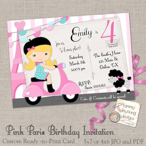 Rosa Paris Geburtstag Custom digitale Einladungskarten für Mädchen mit Vespa, Eifel Tower und Pudel, personalisiert, Sie drucken, nur digital