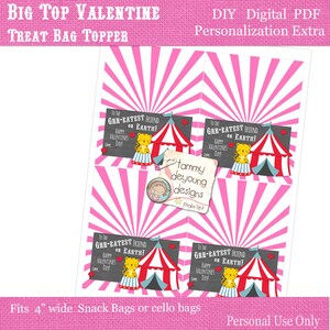 Circus Valentine Card Treat Bag Topper for Kids, Pink Printable Circus ...