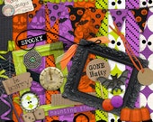 Halloween Scrapbook Kit, Digital Halloween papers, bright Halloween colors, spooky papers, frames, banner, eyeballs, bats, pumpkins