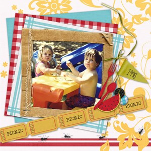 May include: A vintage-style scrapbook page with a photo of two children at a picnic. The photo is surrounded by red and white gingham fabric, blue and white striped fabric, and yellow paper with a floral pattern. The page also includes a yellow paper banner with the text "1996" and several yellow paper tickets with the text "PICNIC" and the date "120119".