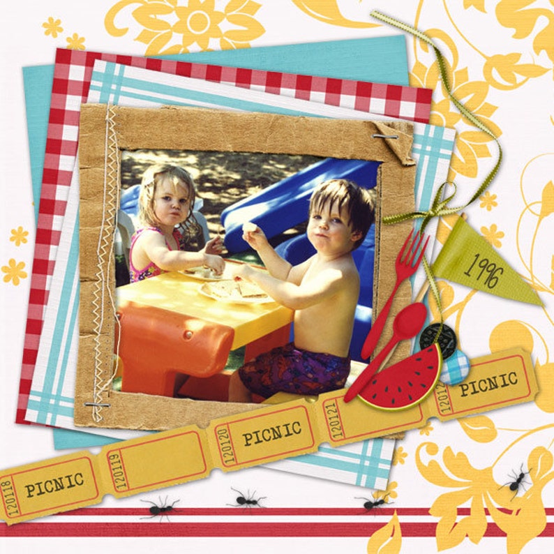 May include: A vintage-style scrapbook page with a photo of two children at a picnic. The photo is surrounded by red and white gingham fabric, blue and white striped fabric, and yellow paper with a floral pattern. The page also includes a yellow paper banner with the text "1996" and several yellow paper tickets with the text "PICNIC" and the date "120119".