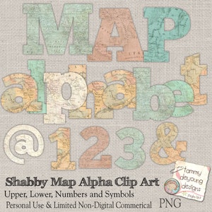 Cartas de mapa del viejo mundo, Mapa Clip Art, Mapa Shabby Letras alfabeto digital números decoración de viaje, fiesta de viaje, bodas, álbumes de recortes de graduación