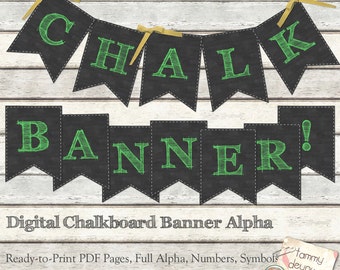 Green Chalkboard Banner Pennants Alphabet Printable garland for custom party decor, birthday, college, graduation, weddings, Halloween
