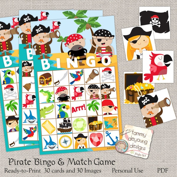 Juego de bingo pirata, tarjetas de bingo pirata imprimibles, juego de niños, favor de fiesta de cumpleaños pirata, actividad de aula preescolar, juego de combinación pirata