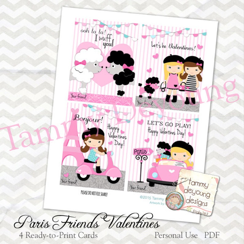 Paris Valentine cards for girls Kids Valentines Day cards DIY printable valentines Pink Poodle Valentines, personalization extra image 2