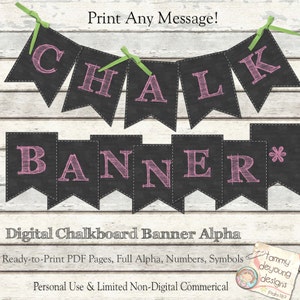 Pink Chalkboard Banner Pennants Shabby Alphabet Printable letter garland for custom party decor, bunting, birthday, graduation, weddings