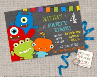 Monster Birthday Invitations Custom Digital Cards for Kids in chalkboard style, personalized, you print