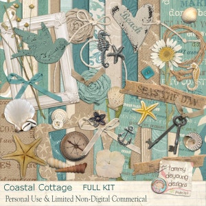 Beach Themed Scrapbook Kit, Beach digital papers, Beach clip art, ocean, sea, sand for invitations, weddings, cards, shabby rustic style