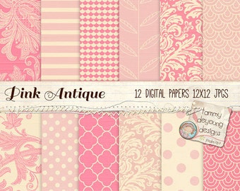 Pink Digital Paper Vintage pink pattern backgrounds for Valentines, Weddings, Romantic damasks, geometric, polka dots, boho prints, stripes