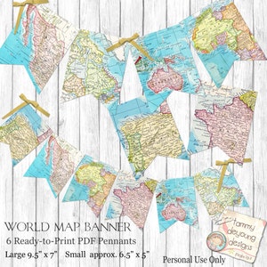 Weltkarte Wimpelkette. Karte Girlande, druckbare Karte Banner Reise Thema, Abschluss, Reise-Dekor, Hochzeit, Geburtstag, Baby-Dusche, Orte, die Sie gehen