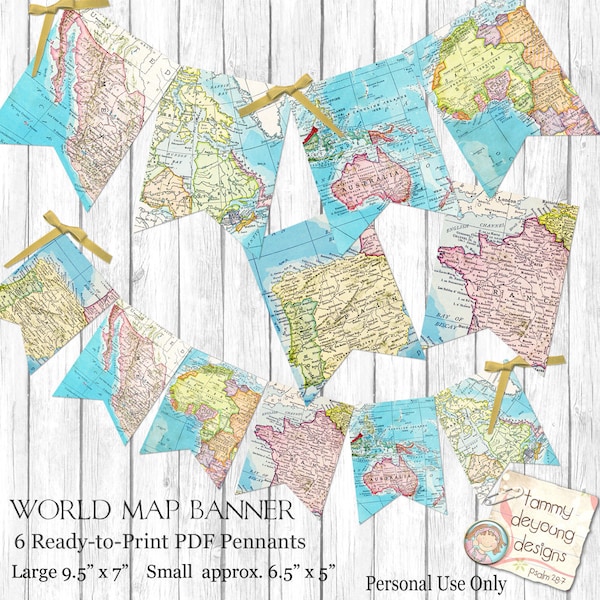 World Map Bunting. Map Garland, Printable Map Banner travel theme, graduation, travel decor, wedding, birthday, baby shower, places you go