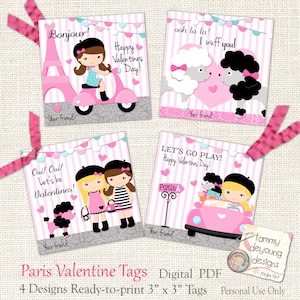Etiquetas de San Valentín de París rosa para niñas, tarjetas de San Valentín para niños, etiquetas de bolsas de regalo de San Valentín imprimibles con bricolaje, etiquetas de San Valentín, San Valentín escolar