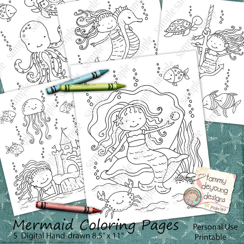 May include: A collection of five mermaid-themed coloring pages, each featuring hand-drawn illustrations of mermaids, sea creatures, and underwater scenes. The pages are 8.5" x 11" and include crayons. Text on the image reads "Mermaid Coloring Pages".