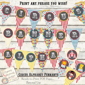 Printable Carnival Banner, Circus Alphabet Garland, Carnival Birthday Bunting, Circus animal pennant Flags, DIY party decor carnival letters
