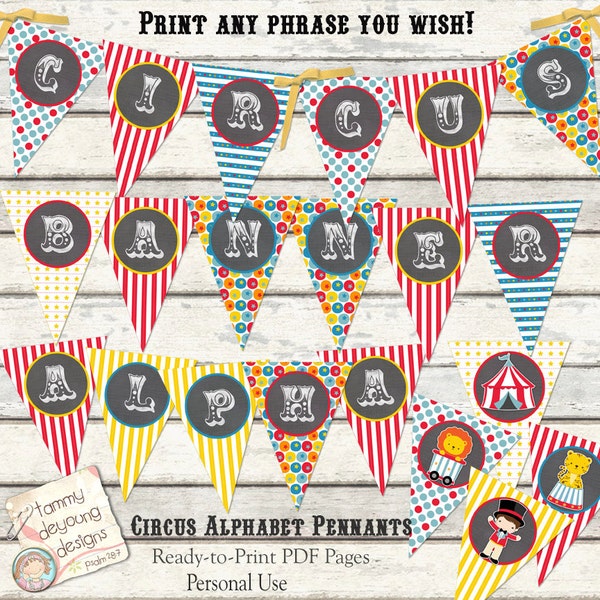 Printable Carnival Banner, Circus Alphabet Garland, Carnival Birthday Bunting, Circus animal pennant Flags, DIY party decor carnival letters