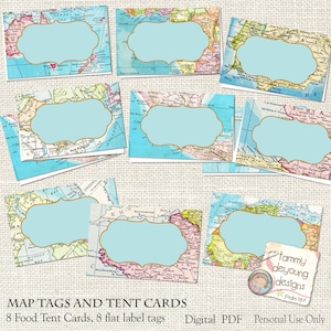 Marque-places pour carte, étiquettes de carte du monde, étiquettes de tente, cartes de buffet numériques, remise des diplômes sur le thème du voyage, mariage, anniversaire, baby shower, lieux où vous allez