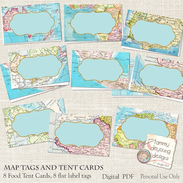 Map  Place Cards, World Map tags, tent  labels, Digital Buffet Cards, travel theme graduation, wedding, birthday, baby shower, places you go