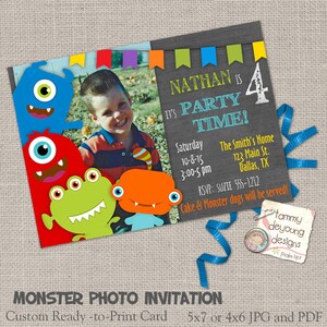 Monstre Invitations sur mesure numérique Photo cartes d’anniversaire pour les enfants dans le style de tableau, personnalisé, vous imprimez