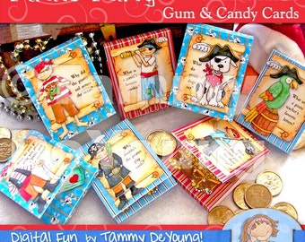 Pirate Valentine Cards for kids, DIY Printable Valentines  Candy Treat Holders with riddles for classmate exchanges, pirate party favors