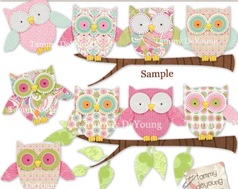 Digital Owl Clip Art, Paisley Baby Girl Shower, Boho owls nursery art, pink, green, orange for invitations, announcements, cards, girl decor