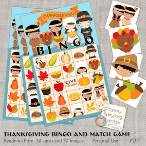 Thanksgiving Bingo Game, Printable Bingo Cards, Give Thanks Kids Game Party favor, Pilgrims, Indians, turkey preschool classroom activity