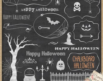 May include: A set of 26 Halloween clip art images in PNG format and 1 chalkboard paper image in JPG format. The images are in white on a black background and feature various Halloween themes, including a spider web, a bat, a pumpkin, a witch's hat, a skull and crossbones, a key, a cauldron, a candlestick, a fence, and the text "Happy Halloween".