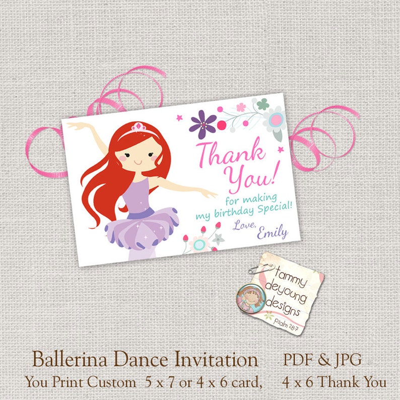 Girls Ballerina Birthday Party Invitation, Dance party invitation, Printable invite for kids, Ballet Thank You note, girls birthday party image 2