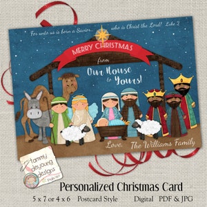 Tarjeta de Natividad de Navidad, tarjeta de Navidad religiosa imprimible, escena de natividad personalizada con Lucas 2