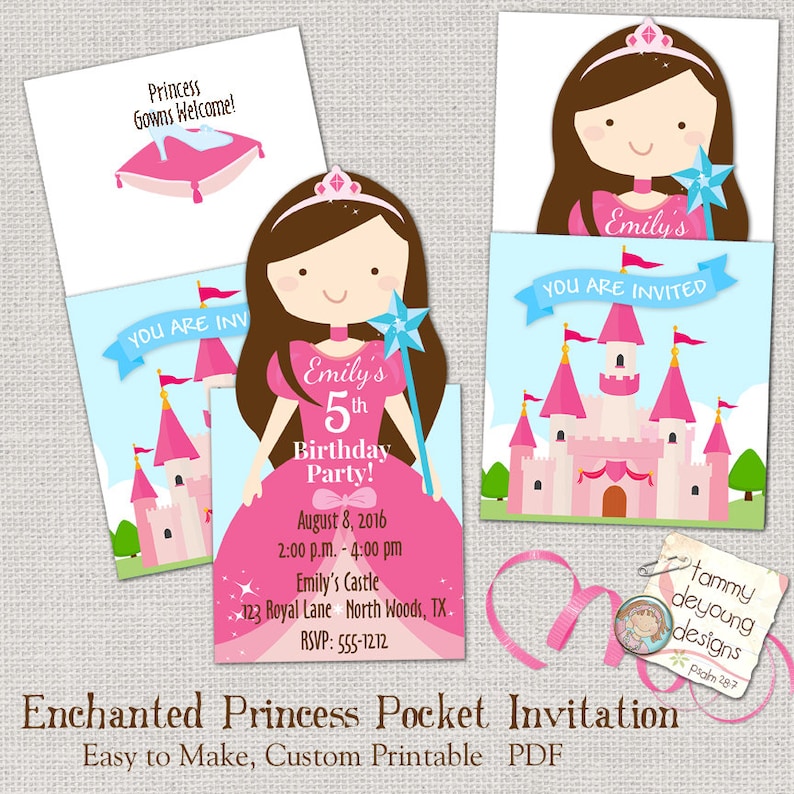 K&ouml;nnte beinhalten: Eine druckbare Tascheneinladung f&uuml;r eine Prinzessinnen-Mottoparty zum 5. Geburtstag. Die Einladung zeigt eine Comic-Prinzessin mit einem rosa Kleid und einem Zauberstab, ein rosa Schloss und den Text "Emily's 5th Birthday Party!"  August 8, 2016, 14:00 Uhr - 16:00 Uhr Emily's Castle 123 Royal Lane North Woods, TX RSVP: 555-1212