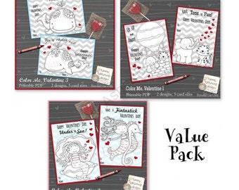 Tarjetas de San Valentín para niños *San Valentín imprimibles* Paquete económico de tarjetas para colorear con ballenas, sirenas, elefantes y tigres