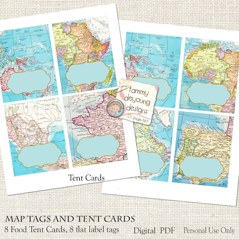 Map Place Cards World Map Tags Tent Labels Digital Buffet - Etsy UK