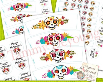 Sugar Skull Party Favors, Hallowen Party Favor Printable, Halloween labels, Day of the Dead, trick or treat, Skull Birthday fits Play doh®