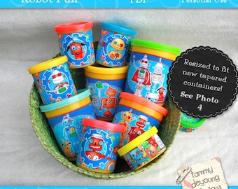 Robots Party Favors Dough Wrappers, printable labels that fit Play doh® cans, non-candy treats, kids birthday party, boys robot labels
