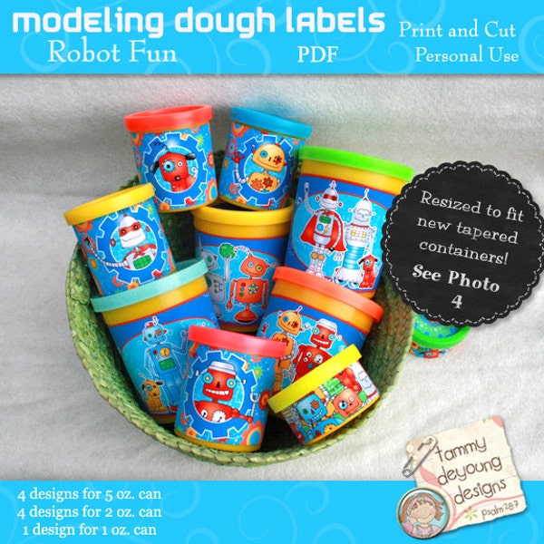 Robots Party Favors Dough Wrappers, afdrukbare labels die passen op Play doh® blikjes, niet-snoeptraktaties, verjaardagsfeestje voor kinderen, robotlabels voor jongens