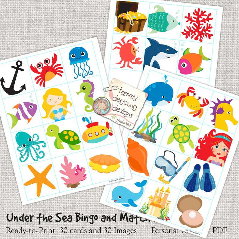 May include: A printable set of 30 bingo cards and 30 matching images featuring under the sea creatures, including a mermaid, seahorse, octopus, crab, turtle, fish, whale, and more. The cards are ready to print and use for a fun and educational activity.
