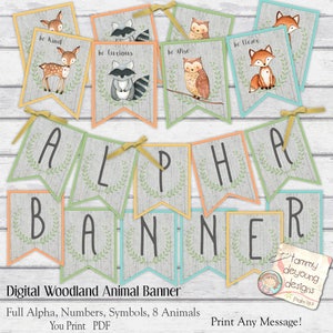Woodland Animal Banner, Digital Alphabet Garland Woodland Baby Shower Bunting, Nursery Decor, party decoration Fox Deer Raccoon Owl Pennants image 1