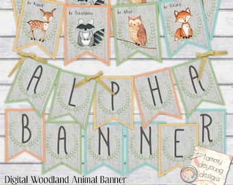 Woodland Animal Banner, Digital Alphabet Garland Woodland Baby Shower Bunting, Nursery Decor, party decoration Fox Deer Raccoon Owl Pennants