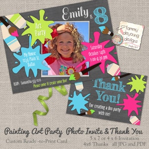 Invitación fiesta de arte * invitación de fiesta de pintura * para las niñas tarjetas de fotos digitales personalizadas con la nota de agradecimiento en el estilo de la pizarra, personalizado, DIY